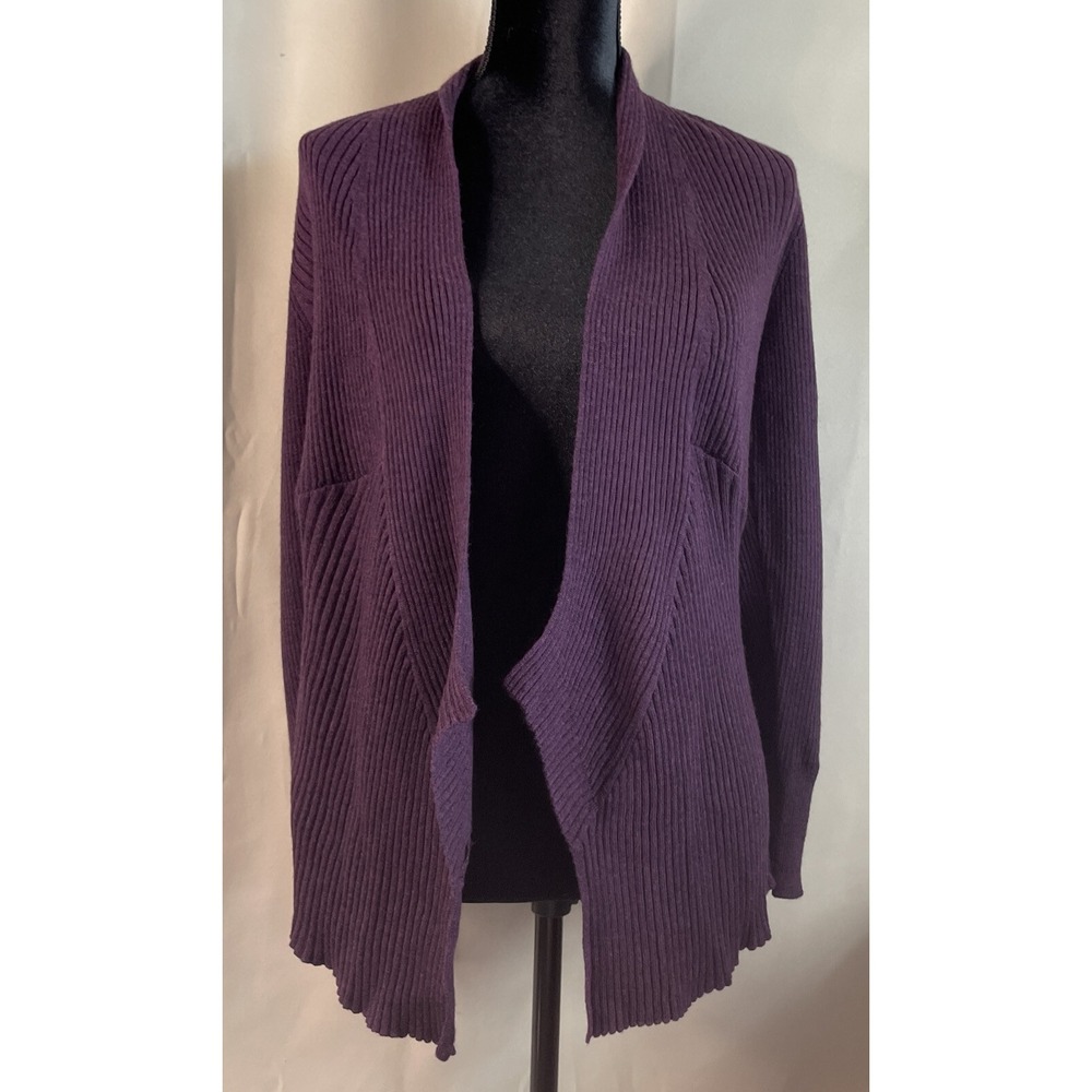 Eileen Fisher Womens XS Cardigan Sweater Purple Merino Wool‎ Ribbed Open Front